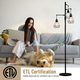 JuGuo 69'' Dimmable Farmhouse Floor Lamp with 3X9W Edison Bulbs, Industrial Vintage Tree Design & Adjustable Diamond Cages, Black Rustic Lighting for Living Room/Office JuGuo