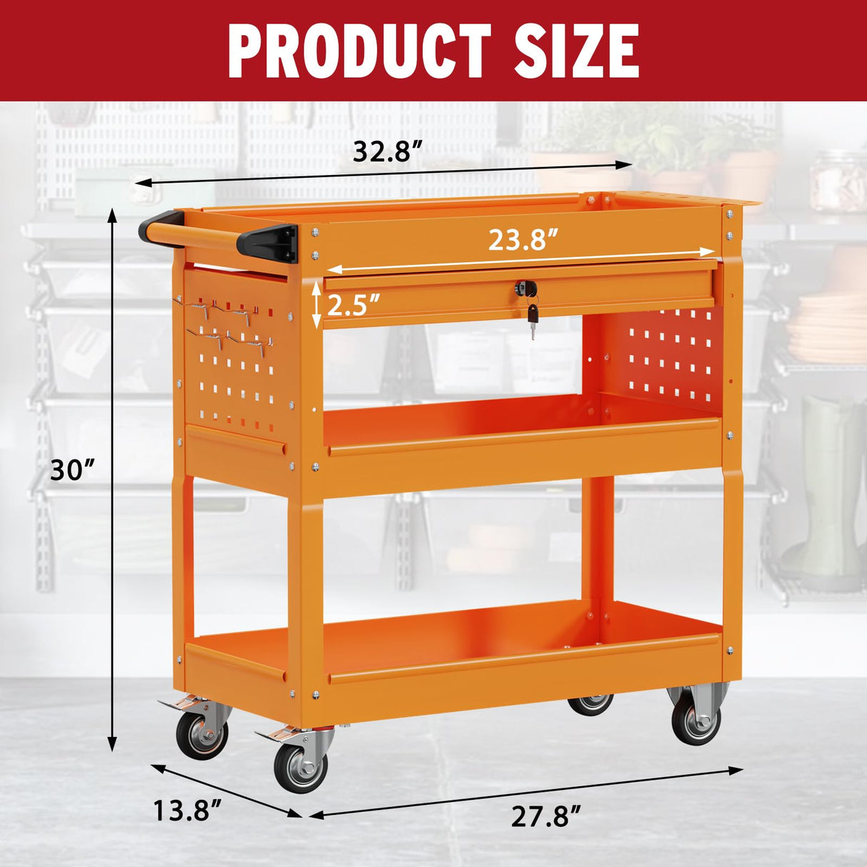 Cemostey 3-Tier Rolling Utility Cart, Heavy Duty Tool Cart on Wheels, Metal Service Cart with Locked Drawers for Garage, Warehouse and Repair Shop (Orange) Cemostey