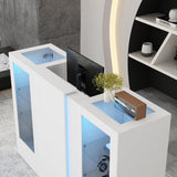 ROMSHINE Reception Desk with Counter, 59.1 inch Front Desk with LED Light & Glass Display Shelf, Reception Room Table with Cable Grommet, Retail Counter Salon Reception for Checkout, White ROMSHINE
