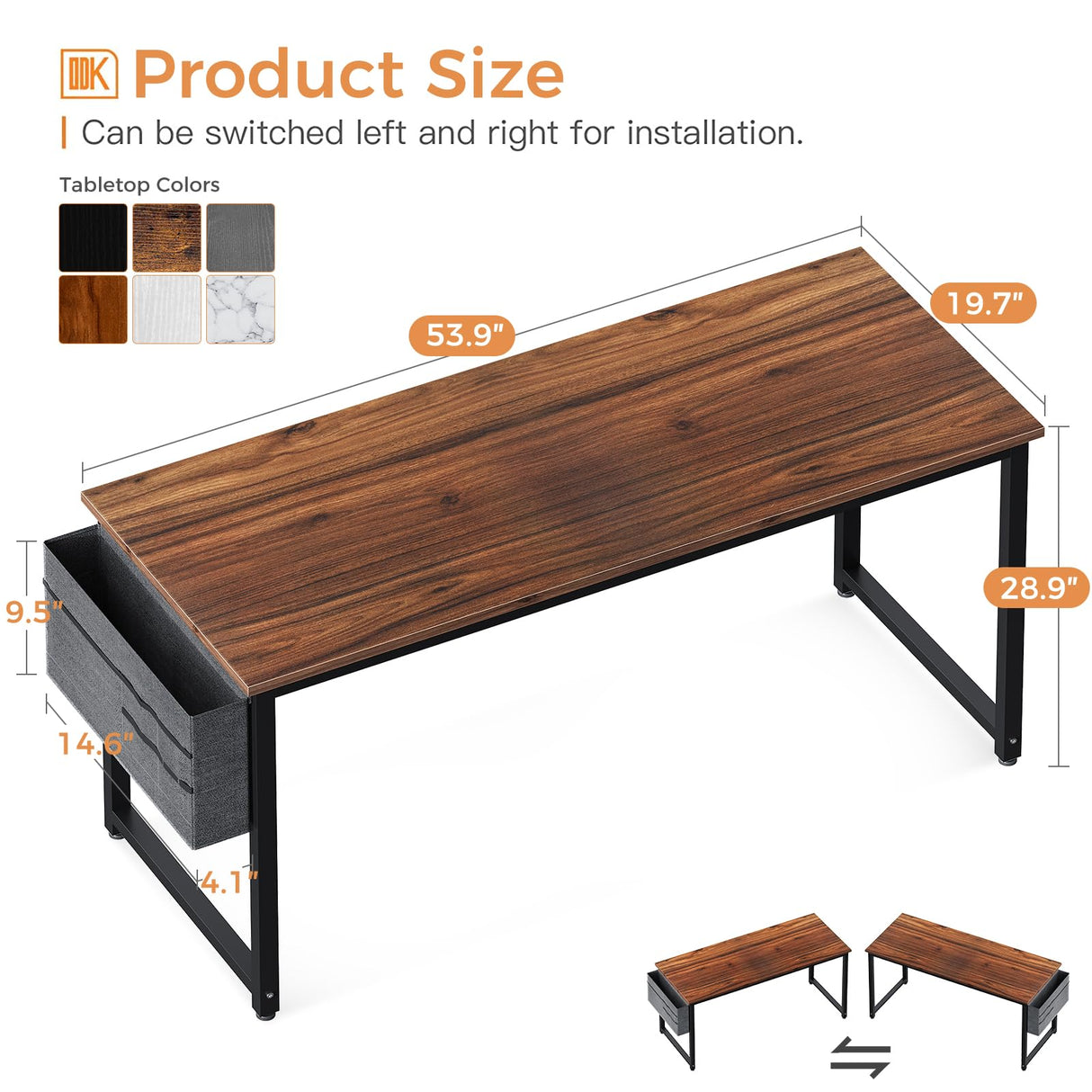 ODK Computer Writing Desk 55 inch, Sturdy Home Office Table, Work Desk with A Storage Bag and Headphone Hook, Deep Brown ODK