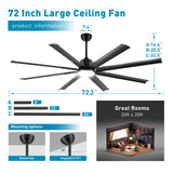 72 lnch lndustrial Smart Celing Fan with Light and Remote Control via WIFI Alexa,Large Celing Fan with 8 Black Aluminum Blades,6 Speed Noiseless DC Motor,Indoor Outdoor Ceiling Fans for Patio Garage Minislak