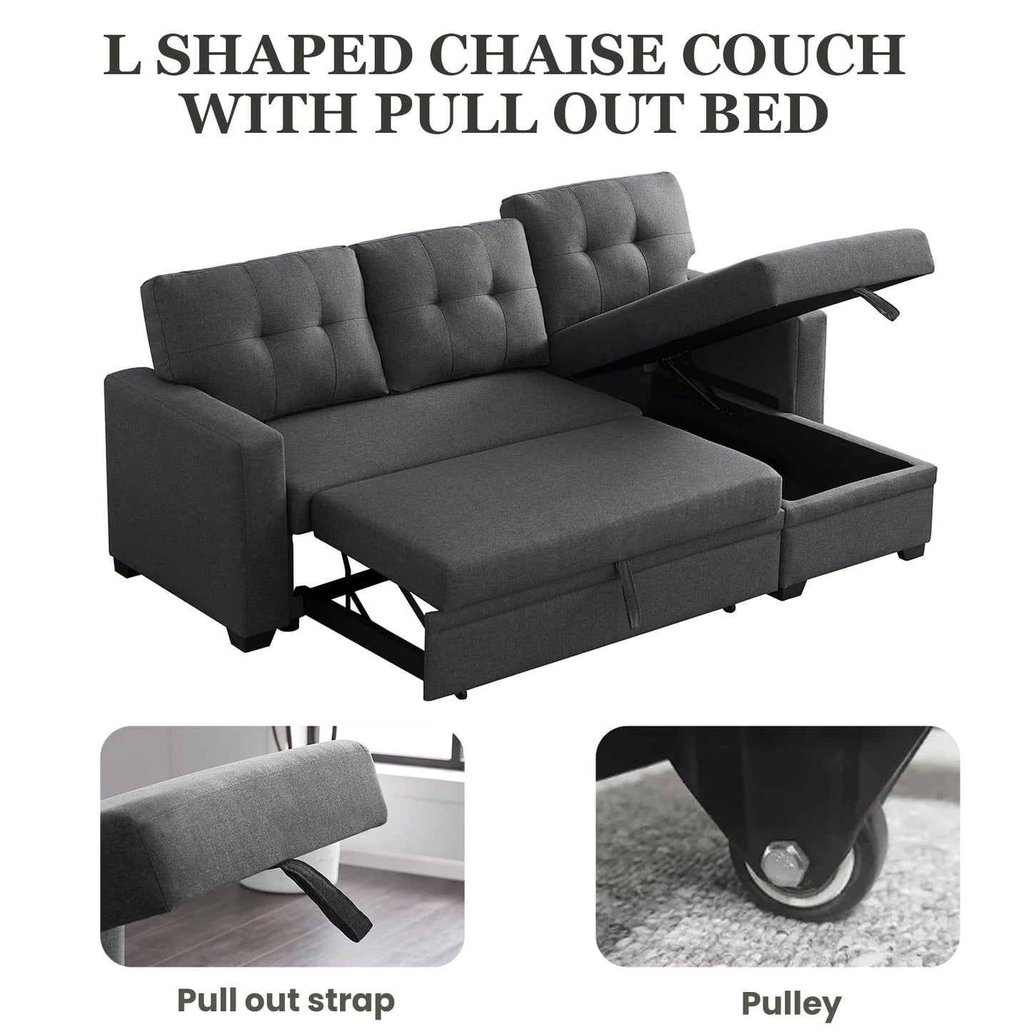 Yafylly L Shape Sleeper Sofa Bed with Storage, Large Full Size Pull Out Sectional Couch, Futon Chaise Lounge Recliner for Living Room, Apartment, Bedroom, Office