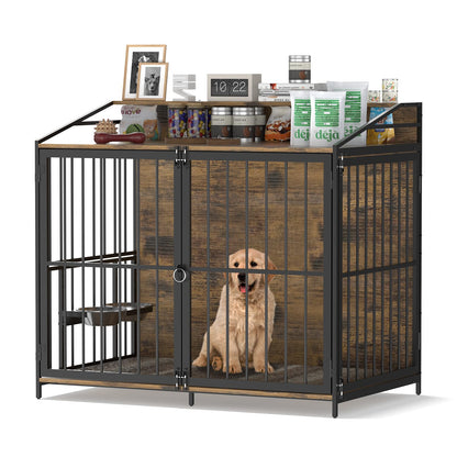 48" Furniture Style Large Dog Crate with 360° & Adjustable Height Feeder 2 Stainless Bowls, Double Door Wooden End Table House Kennel Indoor Use for Dogs - WoodArtSupply