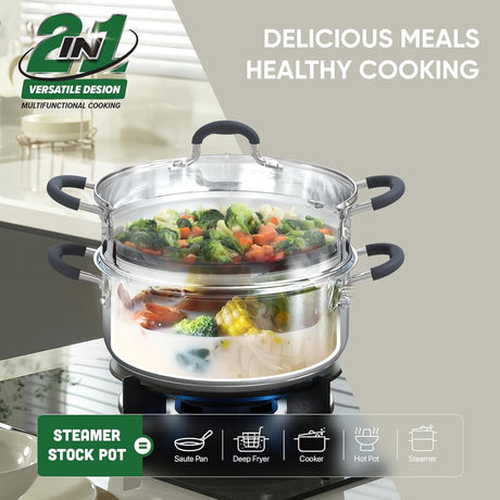SUNHOUSE - 3.3 Quarts Steamer Pots With Lid 2-Tier Multipurpose Stainless Steel Steaming Pot Cookware For Vegetable, Dumpling, Sauce, Food - Triple Bottom, Measurement Line Sunhouse