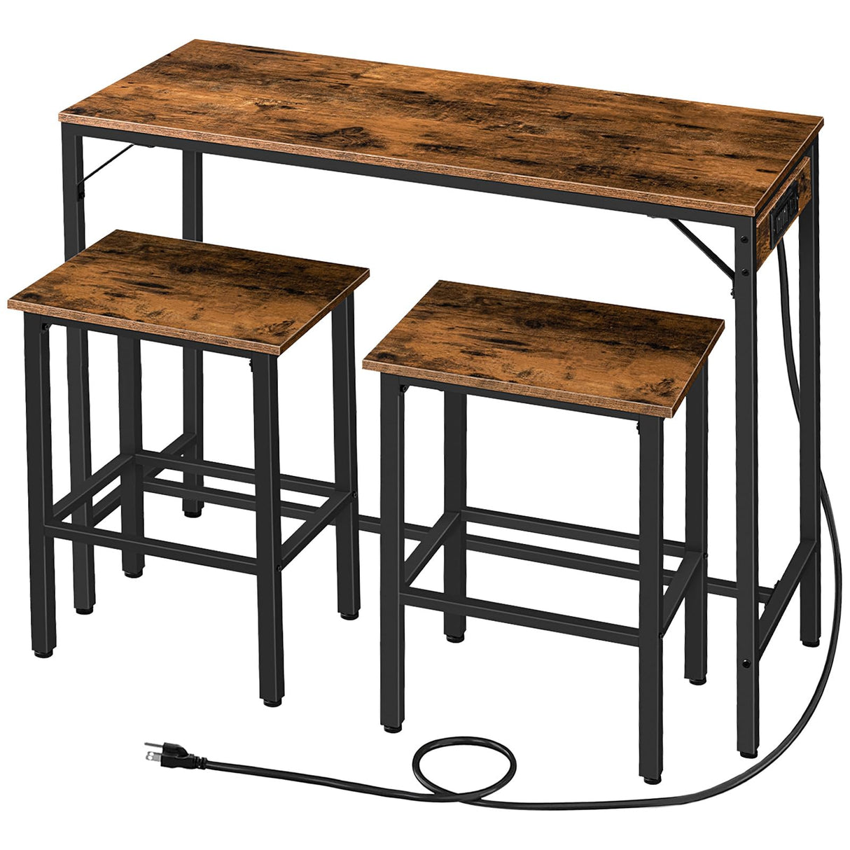 HOOBRO Bar Table and Chairs Set, 47.2" Dining Table Set with Power Outlet, 3-Piece Pub Table Set, Kitchen Bar Height Table with Stools of 2, Space Saving for Living Room, Rustic Brown BF46UBT01 HOOBRO