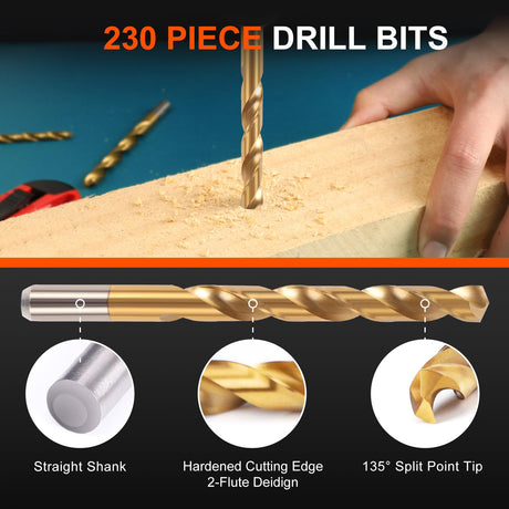 COMOWARE 230 Pcs Drill Bit Set for Wood & Metal - Titanium Wood Drill Bits, High Speed Steel Drill Bit Kit Titanium Coated for Wood, Metal, Plastic, Aluminum Alloy with Storage Case, 3/64"-1/2" COMOWARE