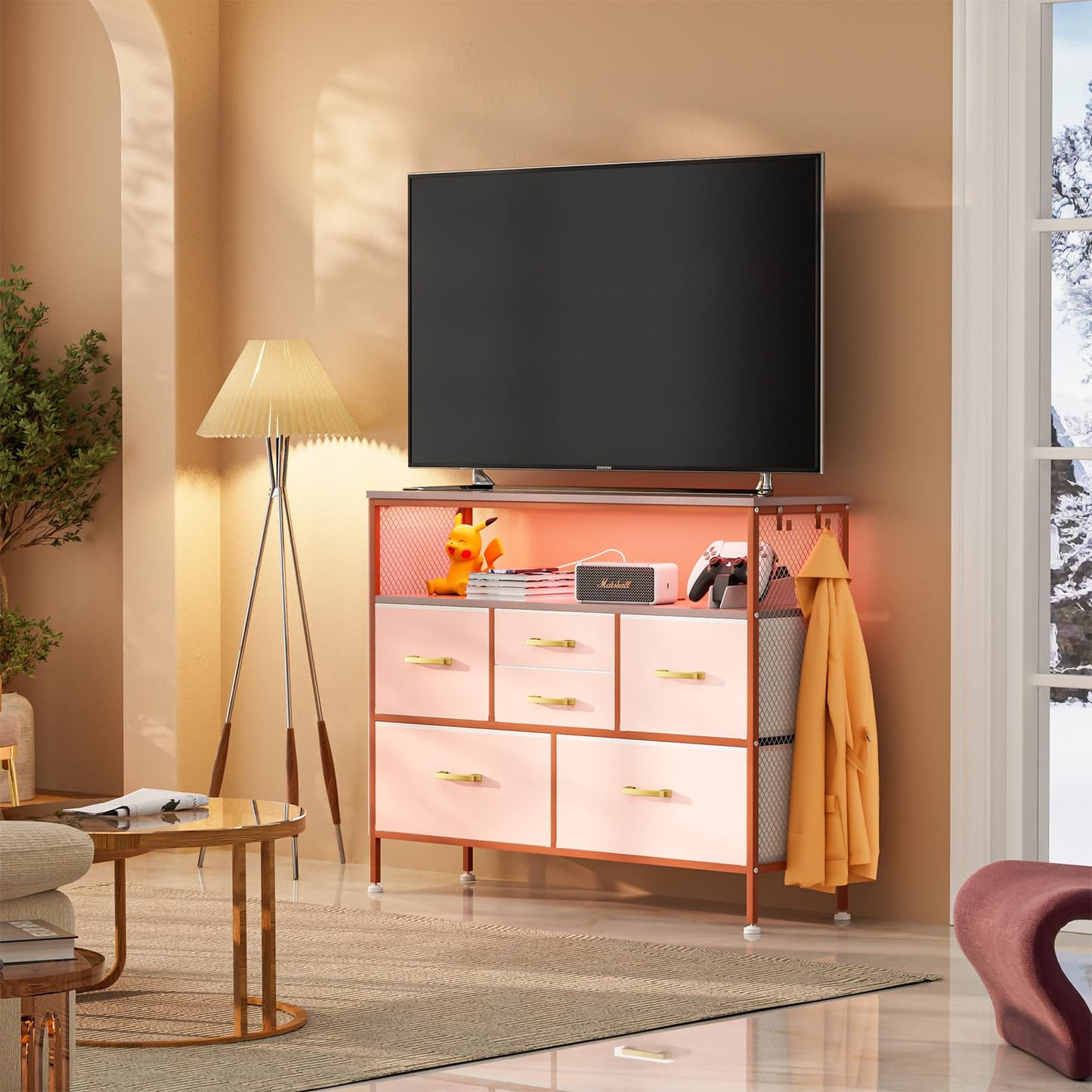 YILQQPER Dresser for Bedroom TV Stand with Power Outlets and LED Light, 6 Drawers Dresser with Side Pockets & Hooks, Wide Dresser with Shelves for 45" TV, Fabric Chest of Drawers with PU Finish, Pink