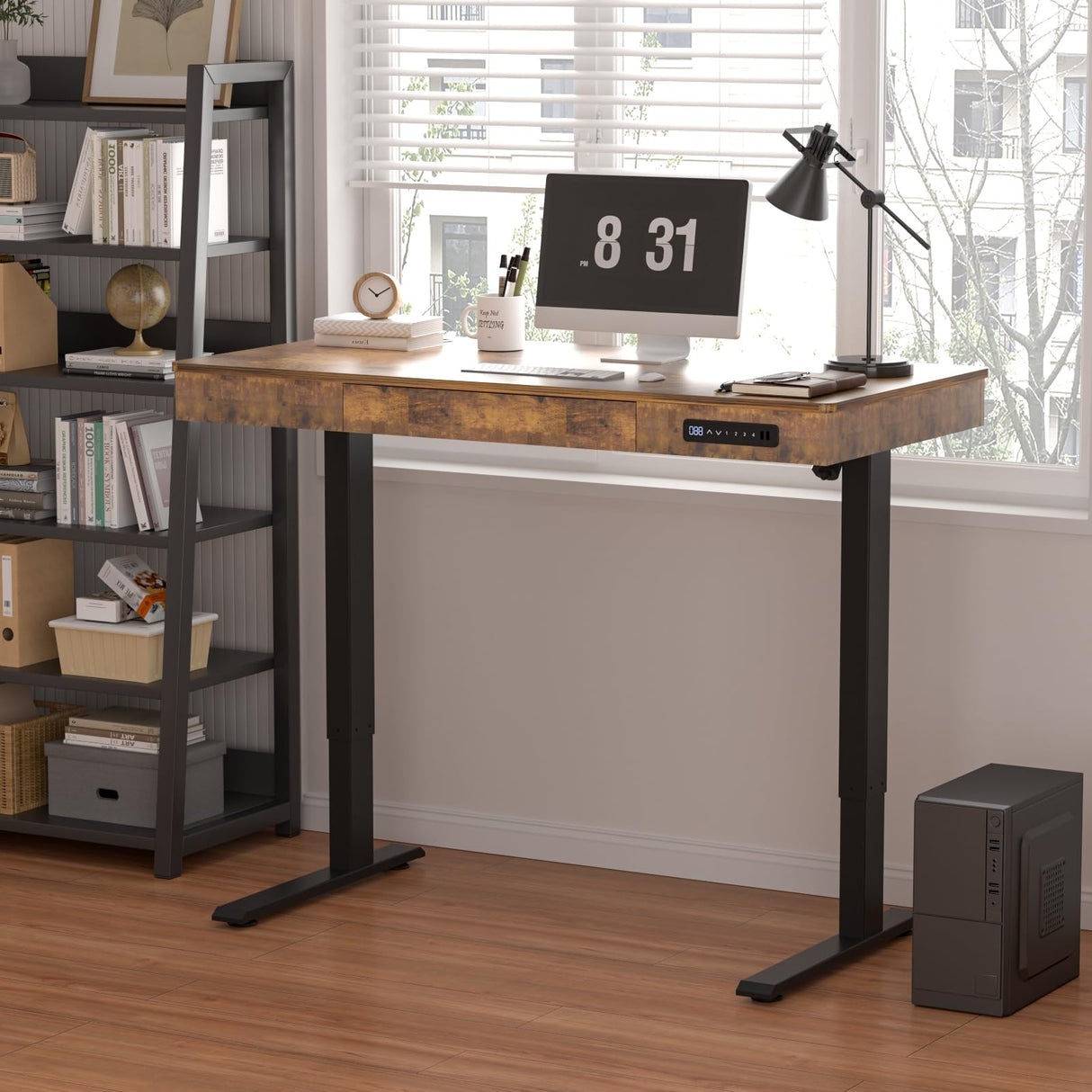 ADOFFUR Standing Desk with Drawer, 55 x 24 Inch Electric Standing Desk Adjustable Height Desk, Black Stand up Desk with One-Piece Brown Desktop, Wheels, Memory Presets, USB Ports for Home Office ADOFFUR