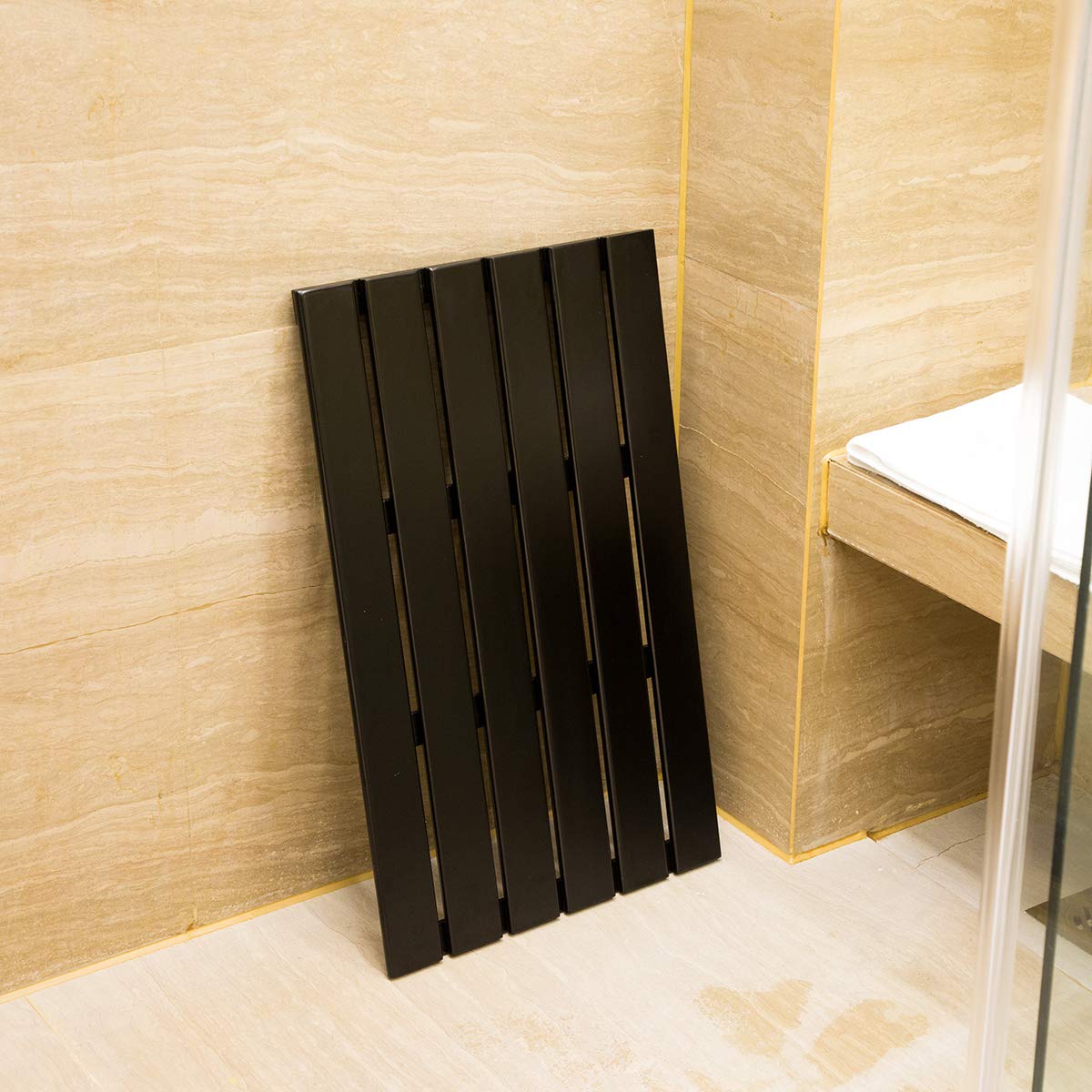 GOBAM Bamboo Bath Mat, Large, 26 x 15.8 x 1.3 inch - Non-Slip Floor Mat for Bathroom, Spa, Sauna, Kitchen, Indoor & Outdoor Spaces, Shower Mat for Bathroom Decor - (Black, 26" long) GOBAM