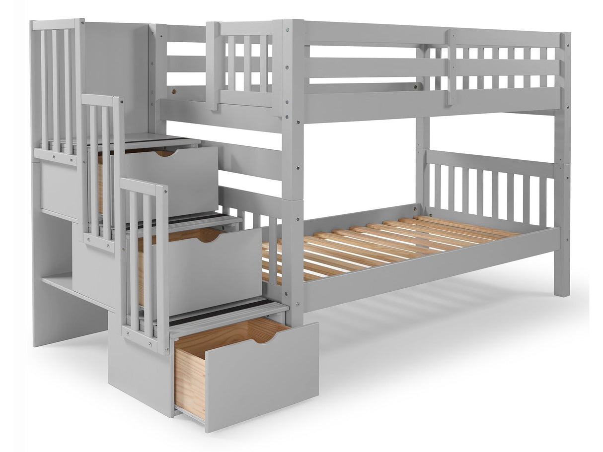 Bedz King Stairway Bunk Beds Twin over Twin with 3 Drawers in the Steps, Gray Bedz King
