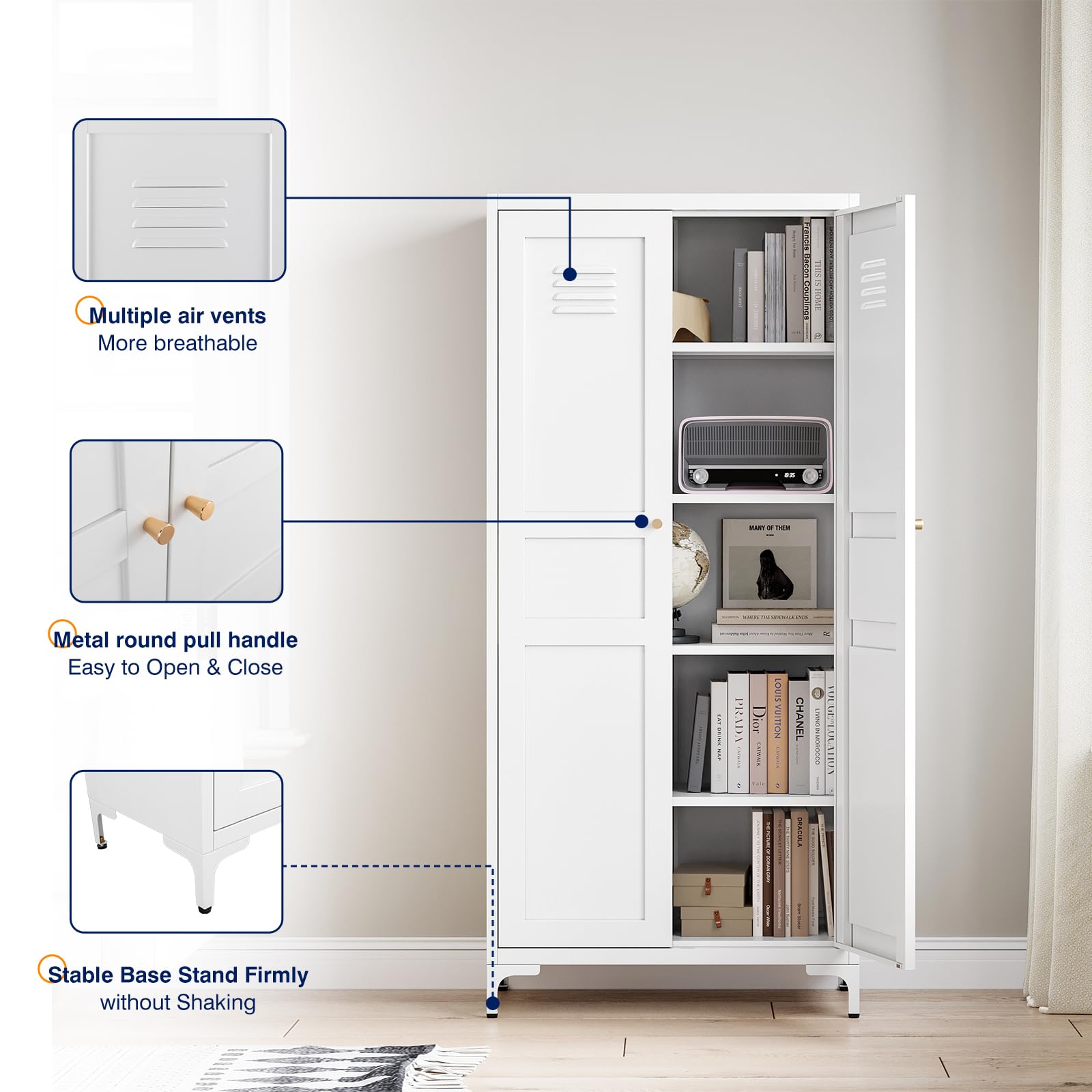 Yizosh Metal Storage Cabinet with 2 Doors and 4 Adjustable Shelves - 61" White Locking Pantry Storage Cabinet, 5-Tier Tall Steel Cabinet Locker for Home Office, Living Room, Dinning Room - WoodArtSupply