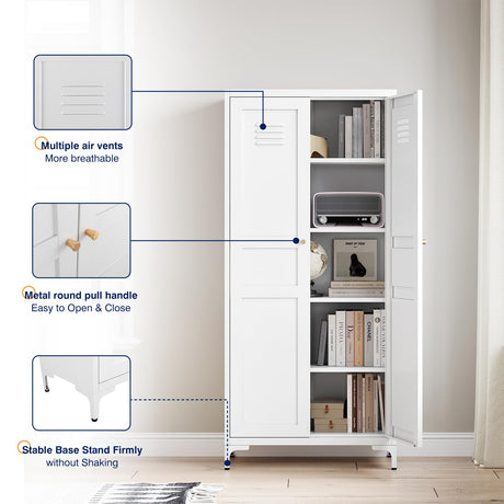 Yizosh Metal Storage Cabinet with 2 Doors and 4 Adjustable Shelves - 61" White Locking Pantry Storage Cabinet, 5-Tier Tall Steel Cabinet Locker for Home Office, Living Room, Dinning Room Yizosh