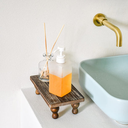 Farmhouse Wooden Riser Decorative Tray with Pedestal Stand Pump Bottle Display Tray for Kitchen Bathroom Counter Rustic Decor Brown Candles Plants Bottle Display Great for Home and Kitchen Decor.