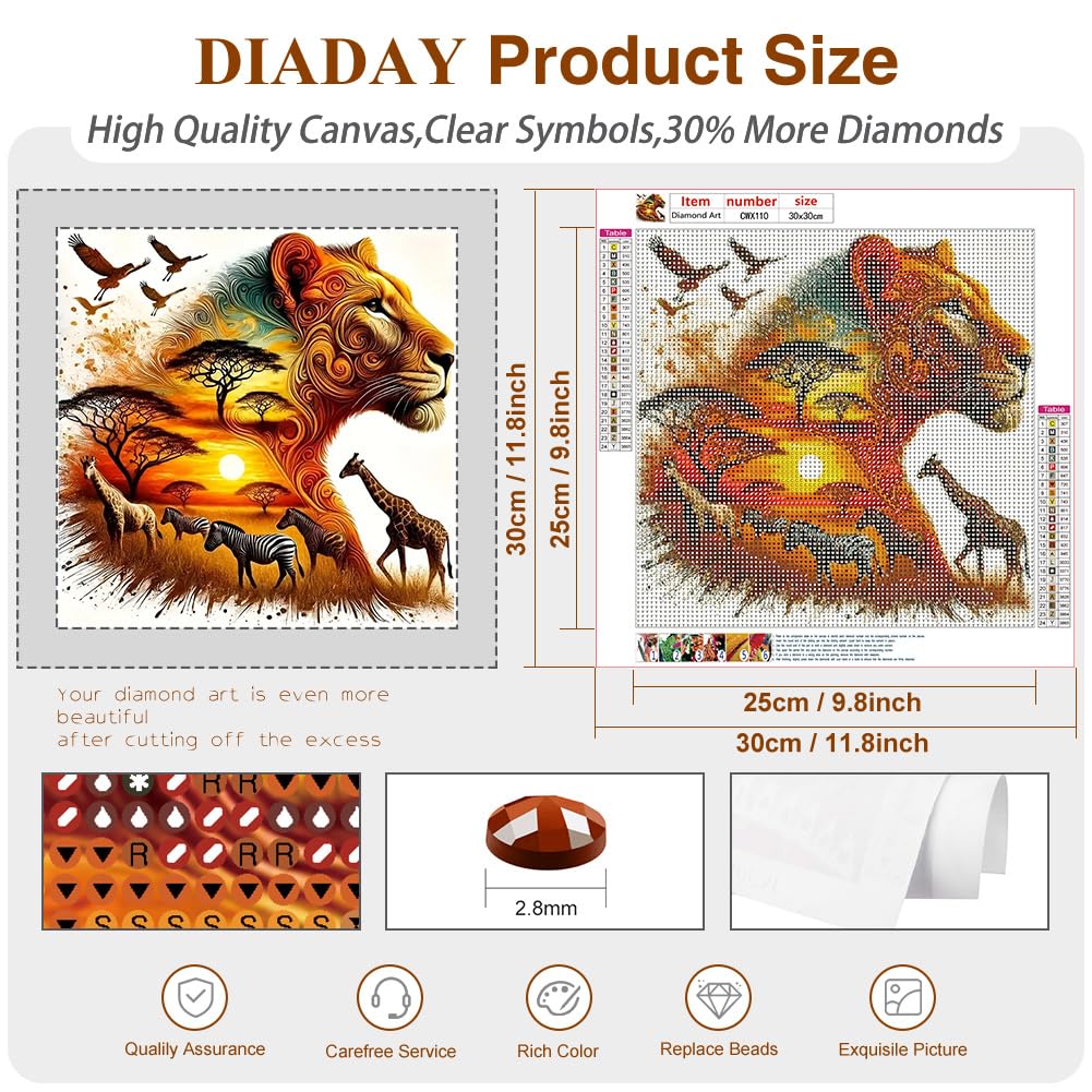 DIADAY Lion Diamond Art Kits for Adults, 5D DIY African Lion Animal Diamond Painting Kits for Beginners, Full Drill Sunset Wildlife Diamond Art, Home Wall Decor Gift, 12x12 Inch DIADAY