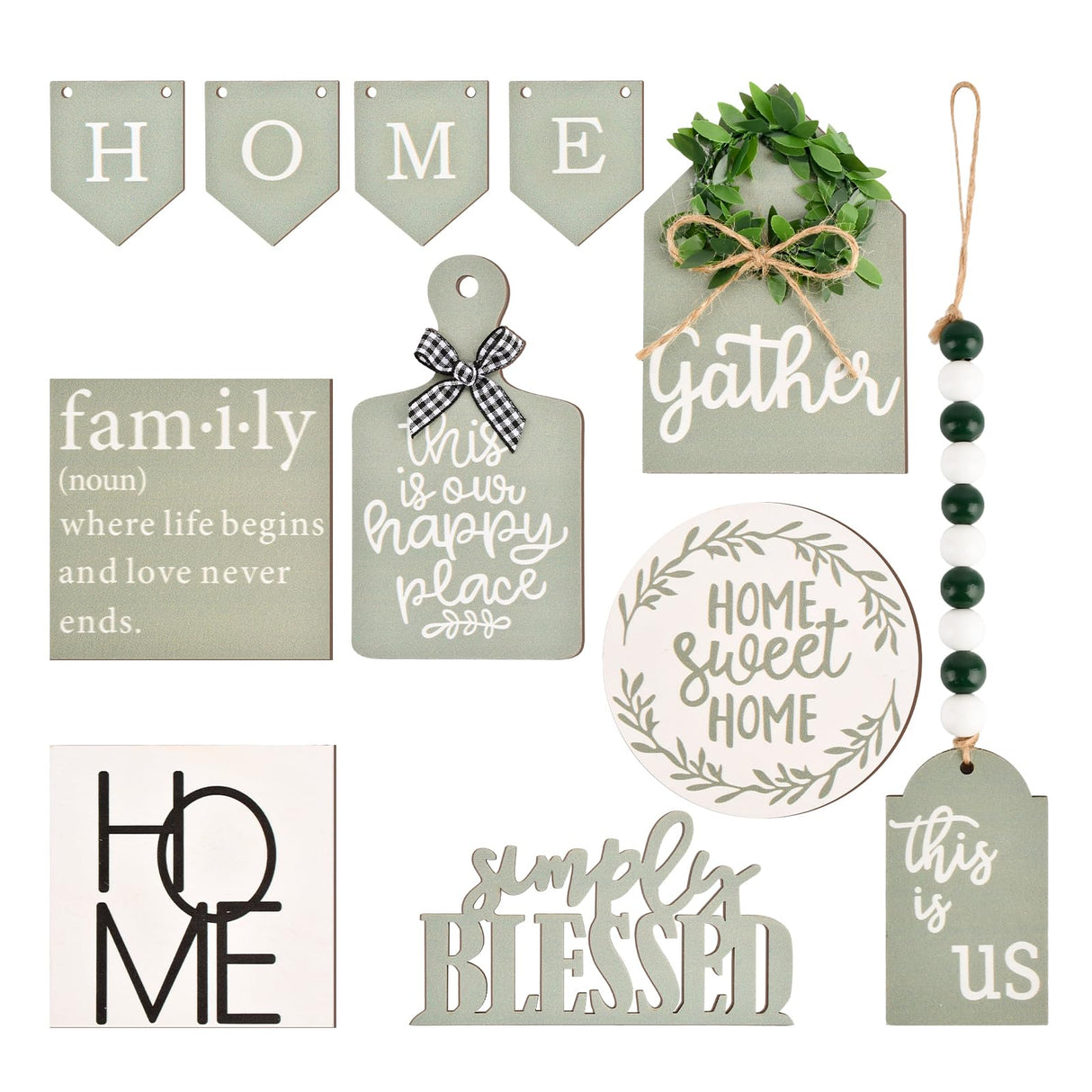 EMVANV 11 PCs Tiered Tray Decoration Set,Wood Sign Rustic Home Sweet Home Simply Blessed Home Tiered Tray Decorations for Dining Room Country Summer Shelf Centerpiece Present(Green+White) EMVANV