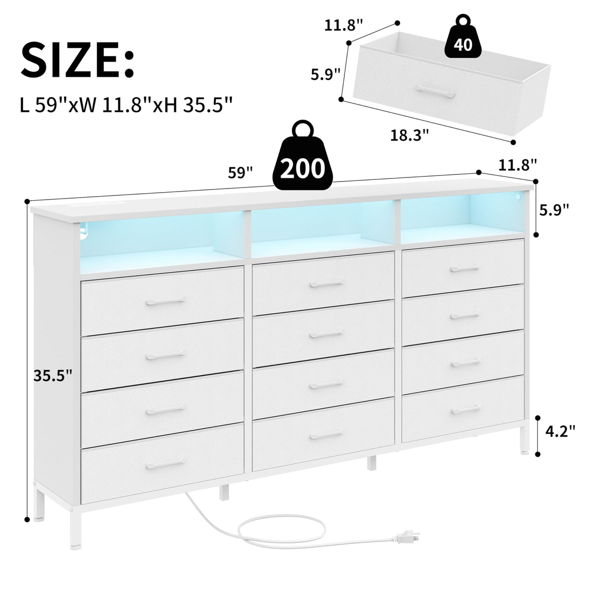 Dresser for Bedroom White Bedroom Dresser with LED Lights and Charging Station, 12 Long Fabric Drawers Dressers, Tall Wide Chest of Drawers Storage Organizer TV Stand for up to 65" TV for Living Room SOOWERY