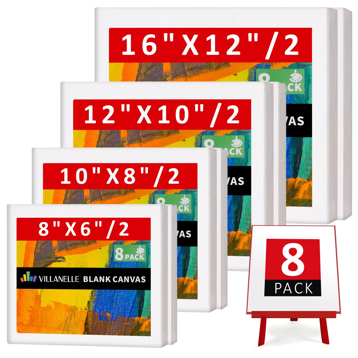 Stretched Canvas, 6x8, 8x10, 10x12, 12x16, 8 Set Artist Canvase Frame Board Panels, 100% Cotton Blank Canvase Oil Acrylic Watercolor Pouring Paint, Acid-Free for Kids & Artists Villanelle