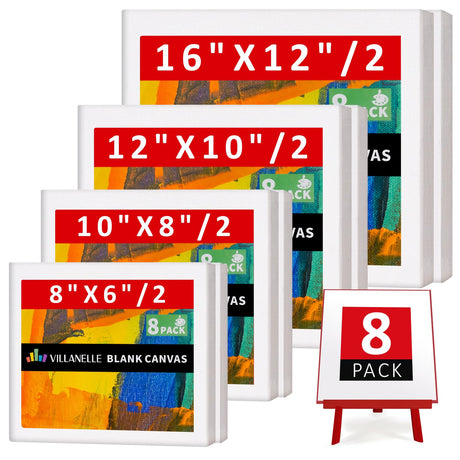 Stretched Canvas, 6x8, 8x10, 10x12, 12x16, 8 Set Artist Canvase Frame Board Panels, 100% Cotton Blank Canvase Oil Acrylic Watercolor Pouring Paint, Acid-Free for Kids & Artists Villanelle