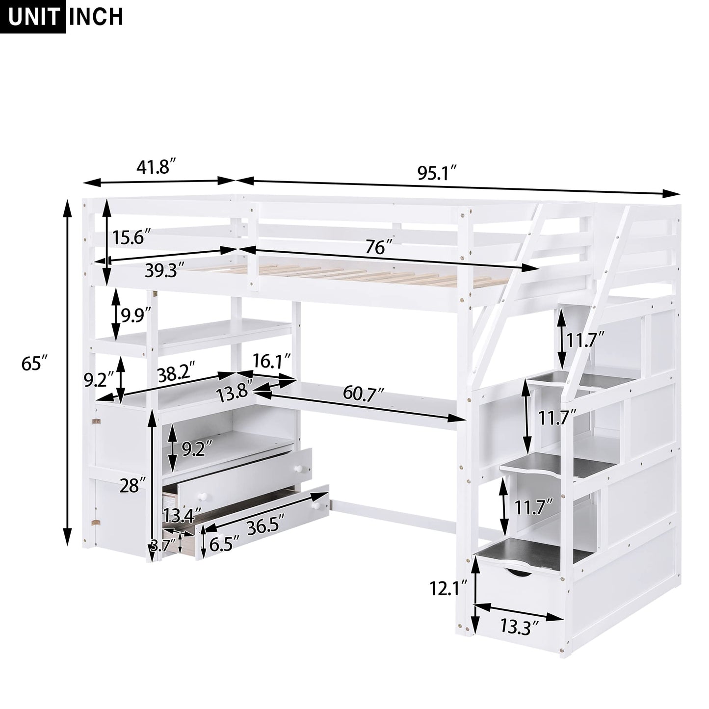 White Twin Loft Bed with Stairs, Desk, and Storage by Harper & Bright Designs - WoodArtSupply