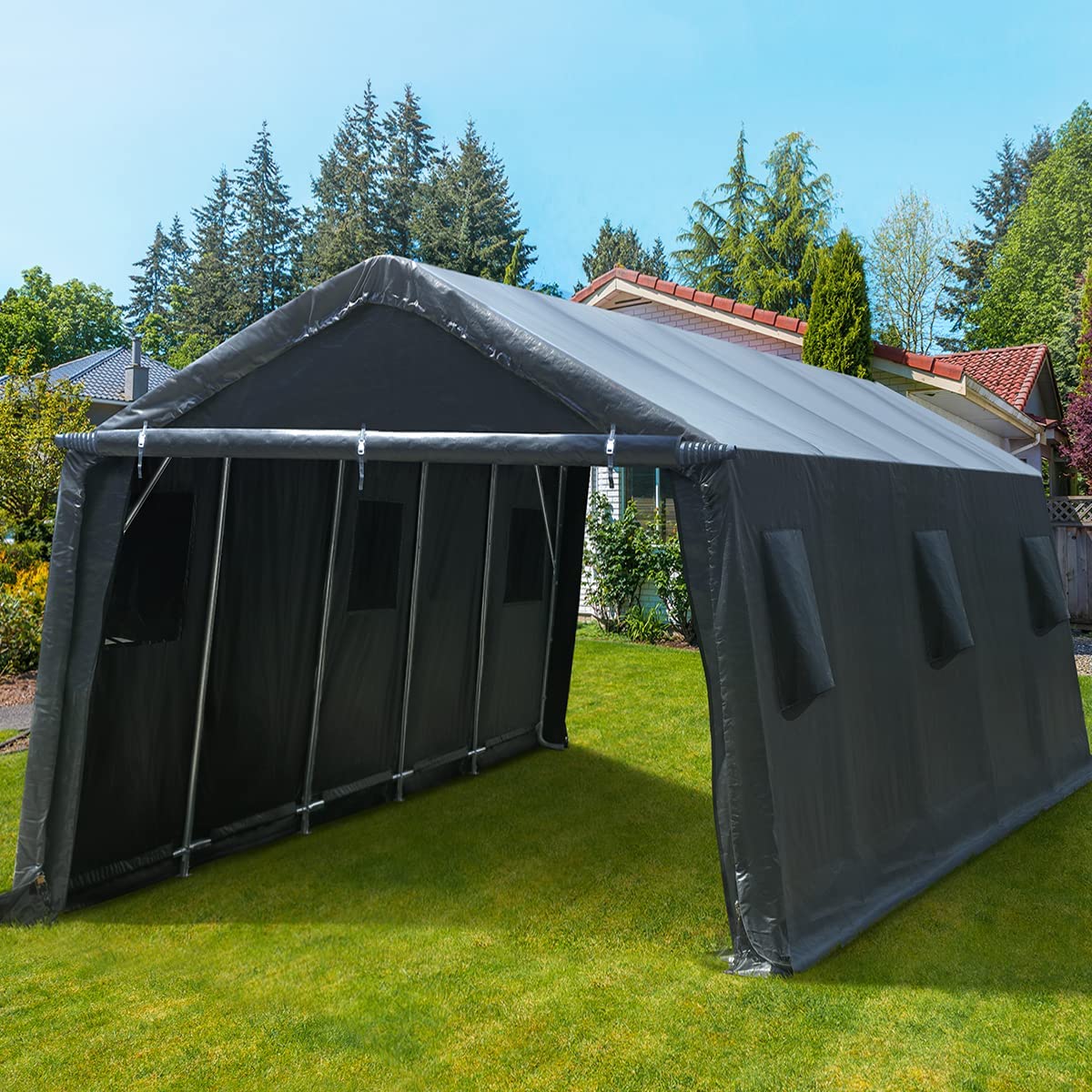 ADVANCE OUTDOOR 13x20 ft Garage Tent Carports with 2 Roll up Doors & Vents Outdoor Portable Storage Shelter for Vehicle Truck Boat Anti-UV Snow Resistant Waterproof, Gray ADVANCE OUTDOOR