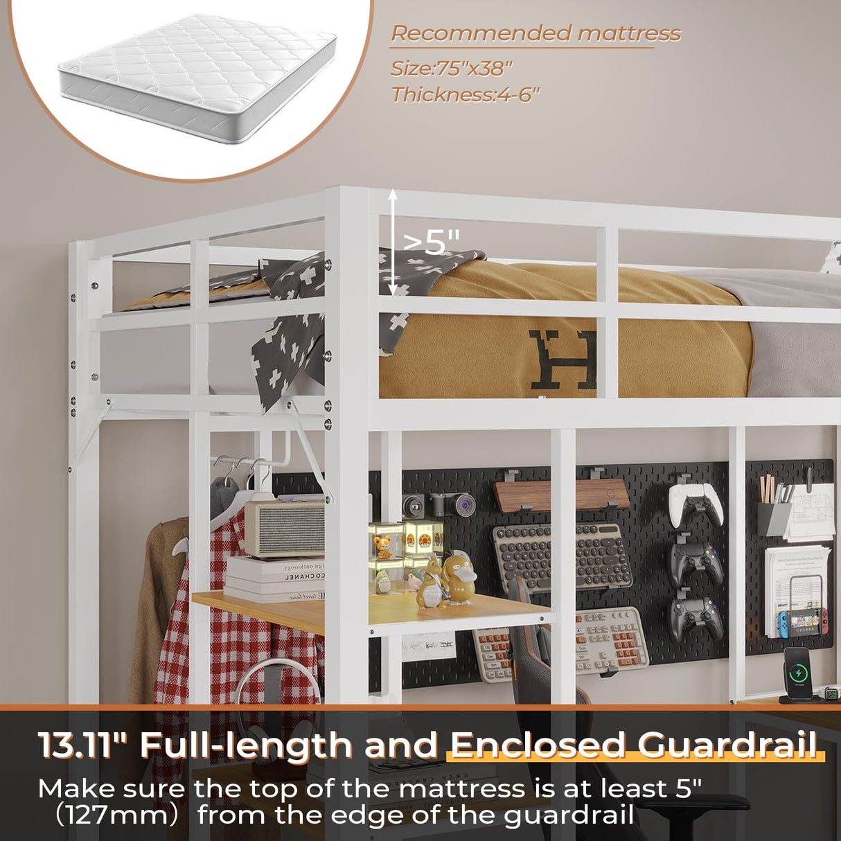 DICTAC Twin Loft Bed with Desk, Charging Station, Storage, Safety Features, and RGB LED Lights - White DICTAC