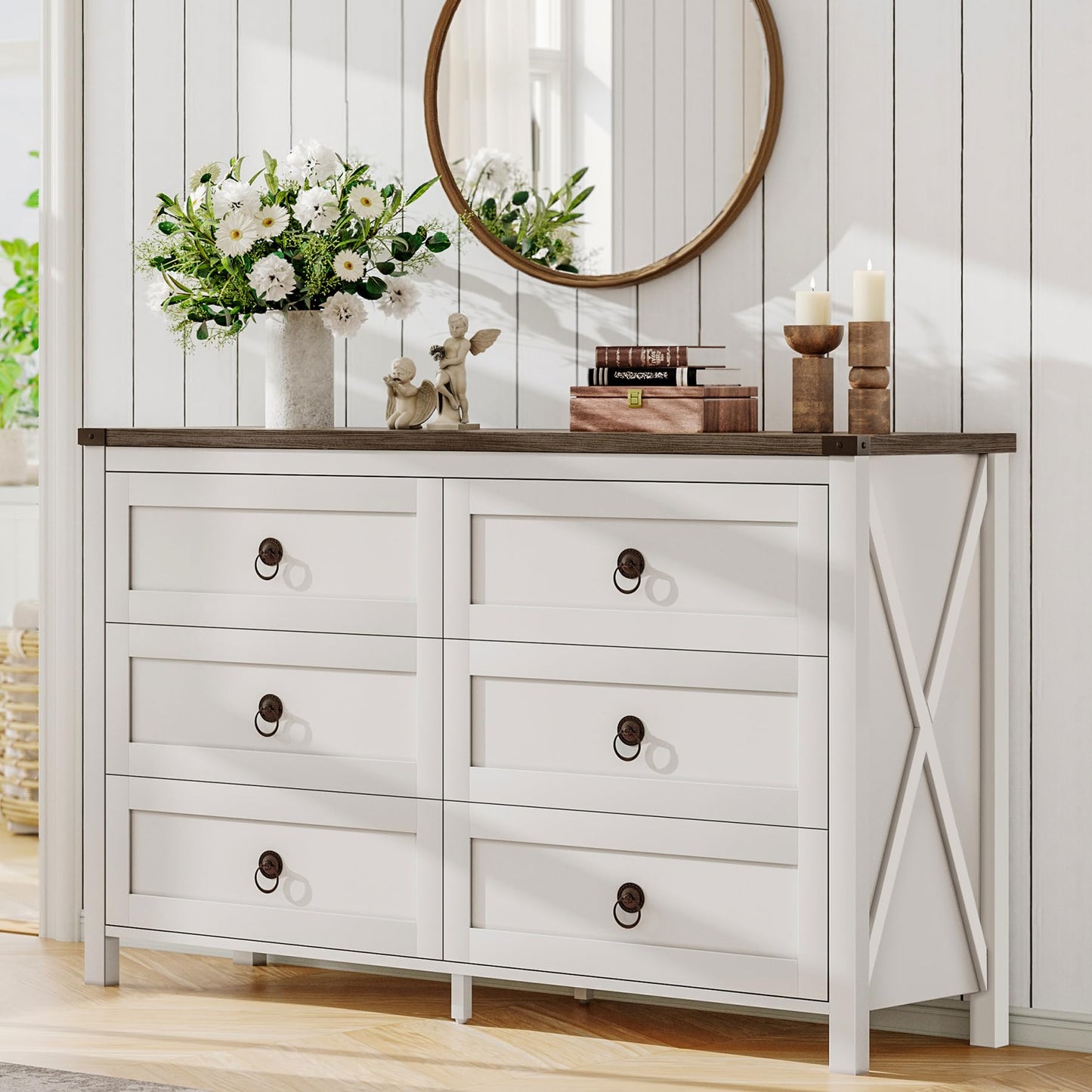 ChooChoo Farmhouse 6 Drawer Dresser, White Dresser for Bedroom, Wide Dressers & Chests of Drawers for Entryway, Hallway - WoodArtSupply