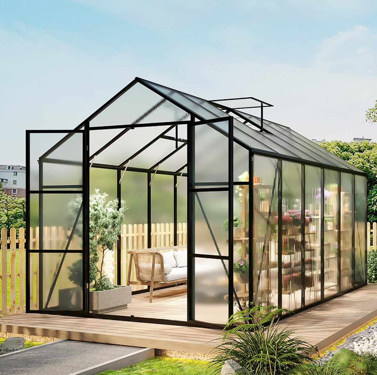 Vigo huseeo 8.2 * 12.2 * 7.8FT Greenhouse for Outdoors,Polycarbonate Greenhouse with Stronger Wind Protection and Roof Vent,Walk-in Large Aluminum Sunroom Winter Proof,Black Vigo huseeo
