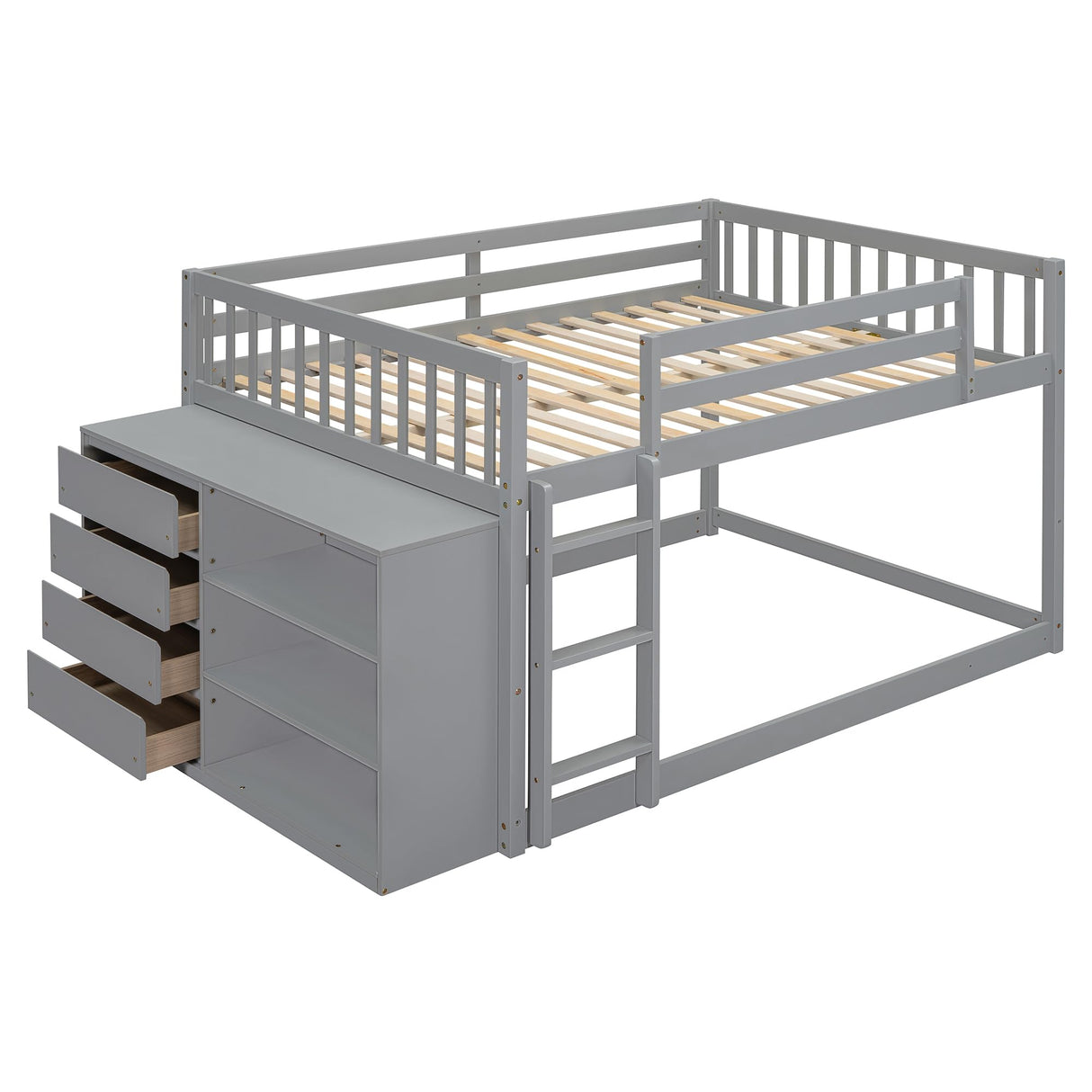Harper & Bright Designs Full Over Full Low Bunk Bed with Storage, Solid Wood Floor Bunk Beds Frame with 4 Drawers and 3 Shelves, Full Loft Bed for Kids, Teens, Adults - Gray Harper & Bright Designs