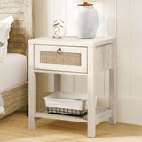 VOWNER White Rattan Nightstand Set of 2, Wood Night Stand with Vintage Metal Pull Handle, 2 PCS Bedside Table Boho End Tables with Storage, Side Tables Shelf for Bedroom, Small Space VOWNER