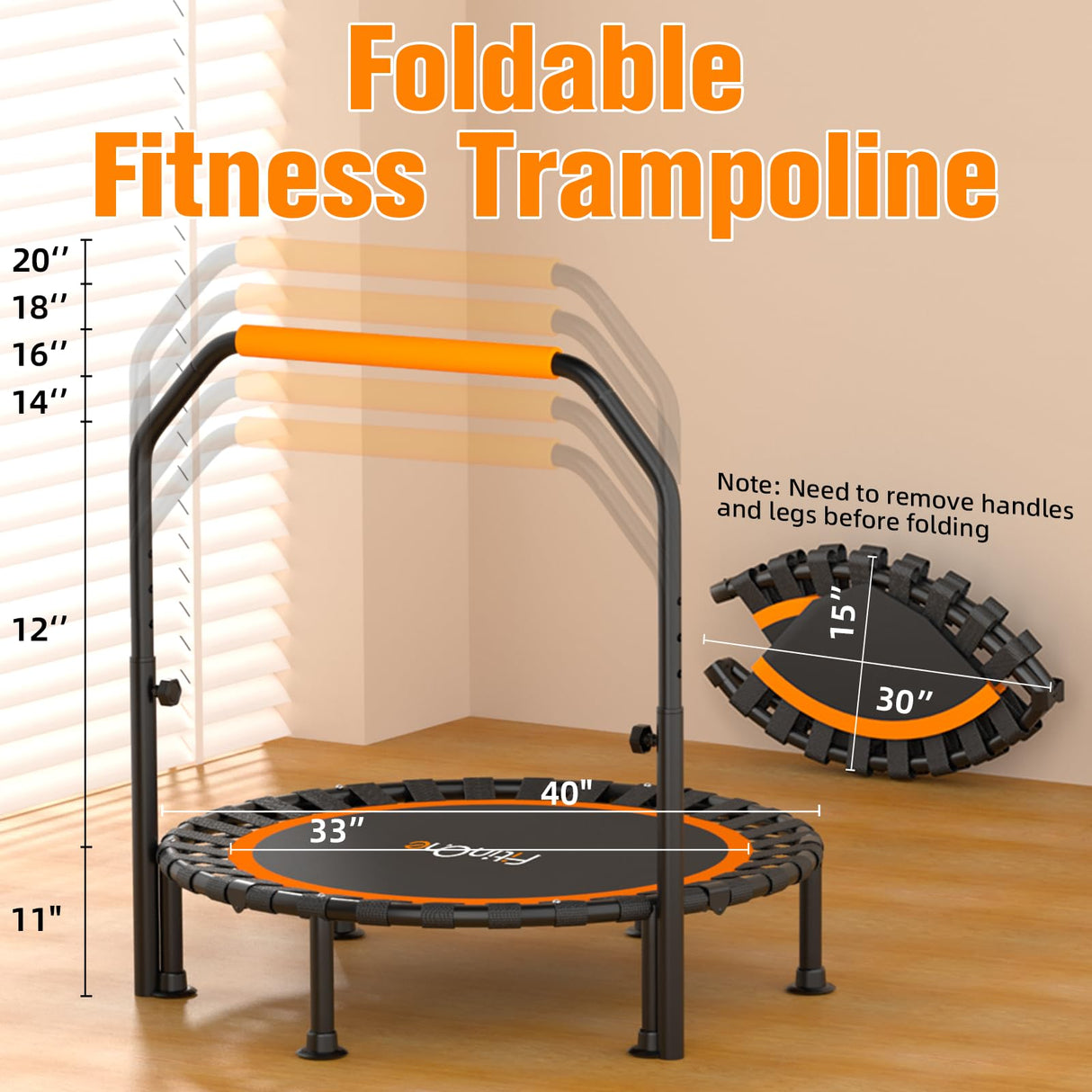 40"/48" Foldable Mini Trampoline Load 330lbs,Portable Exercise Rebounder Trampoline with Adjustable Foam Handle,Fitness Trampoline for Adults (40 in with handrail) FitinOne