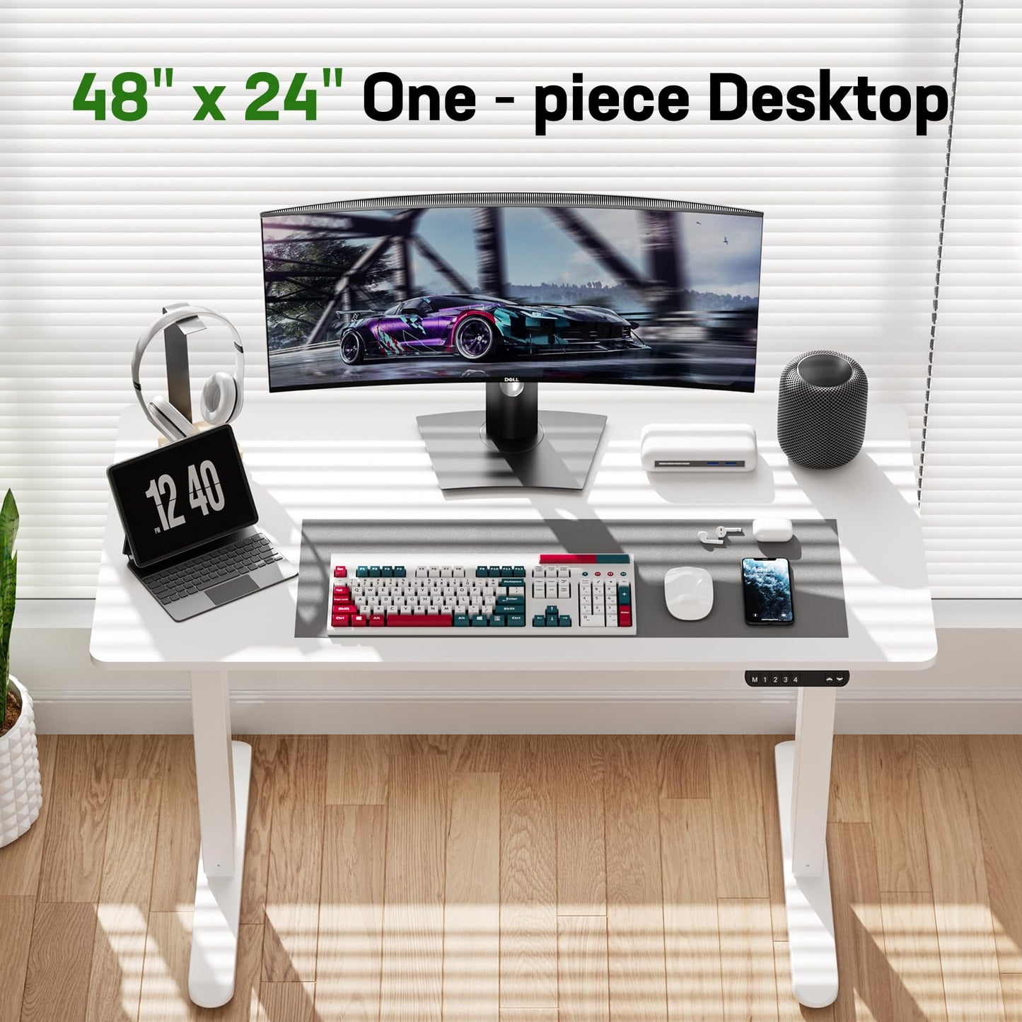 ADOFFUR Electric Standing Desk, 48 x 24 Inch Adjustable Height Desk with Whole-Piece Desktop, Black Sit Stand Up Desk, Home Office Desk with 4 Memory Presets (White Top)