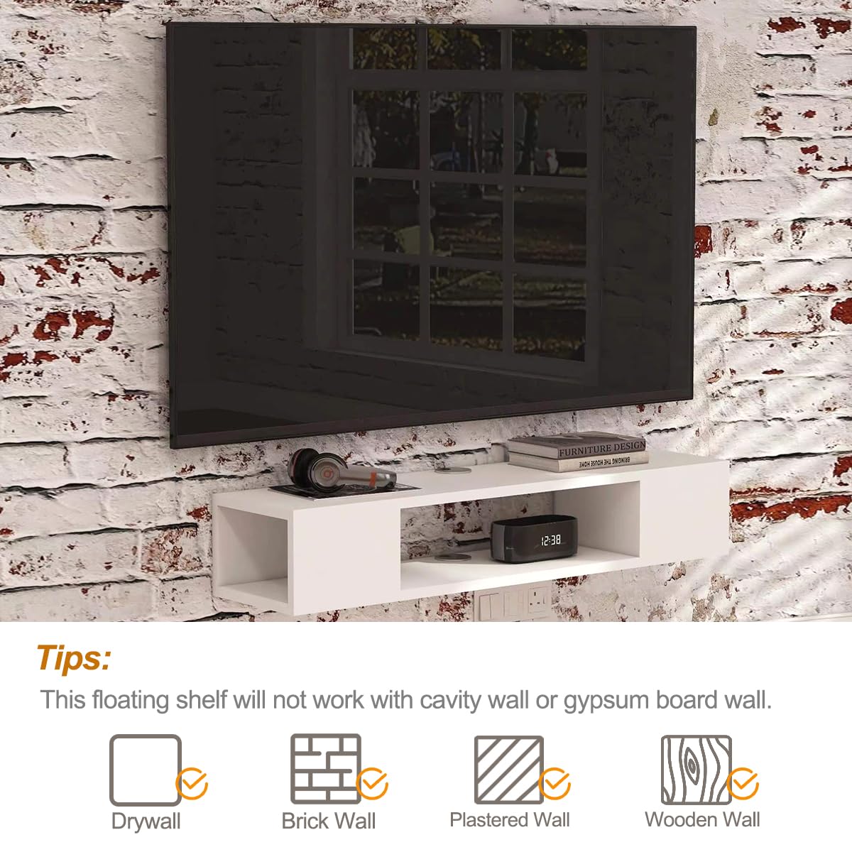 GHC Floating TV Stand, Wall Mounted Entertainment Center and Cabinet Shelf, Media Console for DVD Player, Space-Saving Under TV Shelf for Bedroom, Living Room (White) GHC
