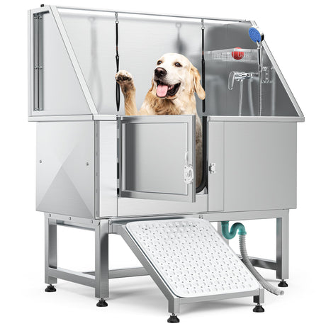 YITAHOME 50" Dog Grooming Tub 304 Stainless Steel Professional Dog Bathing Station w/Ramp, Floor Grate, Faucet, Dog Bathtub for Large, Medium, Small Pets Left Door, Dog Washing Station for Home YITAHOME