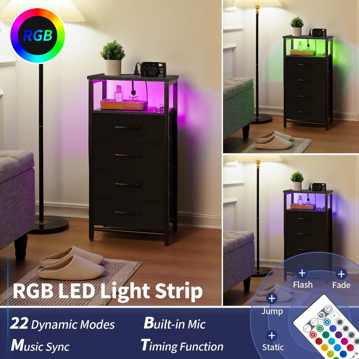 Yoobure Night Stand - LED Nightstand with Charging Station, Bedside Table with 4 Fabric Storage Drawers and Storage Shelf, End Table with USB Ports and Outlets, Tall Dresser for Bedroom Yoobure