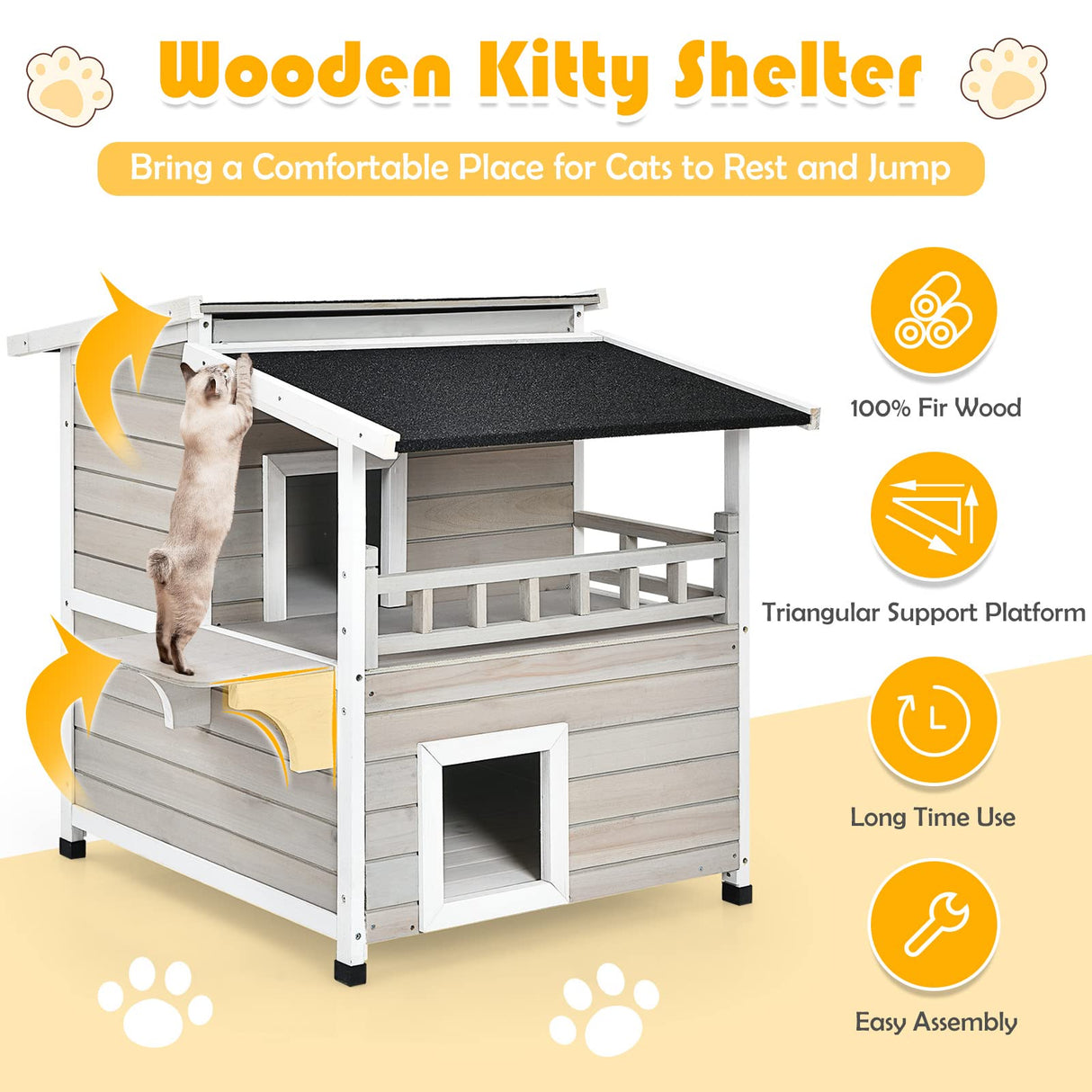 Tangkula Outdoor Cat House Wooden, 2-Story Outside Cat Shelter Condo Enclosure with Escape Door, Asphalt Roof, Balcony, Jumping Platform, Weatherproof Tangkula