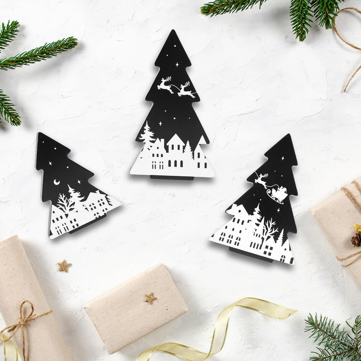 3 Pieces Wooden Christmas Tree Decor Black White Xmas Tiered Tray Decor for Christmas Home Tabletop Party Decor (Black) Sereliy