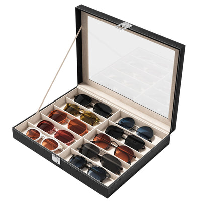 NEWLOOP Sunglass Organizer for Women Men - Multiple Pair of Sunglasses Storage Box Eye Glass Watch Leather Display Case with 10 Slots Black