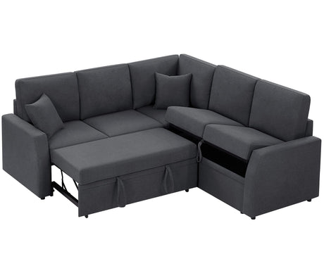 AMERLIFE Sofa Bed, 85 Inch Reversible L Shape Couch with Pull Out Bed & Storage Seat, Oversized Sectional Sleeper Bed for Living Room Apartment, Grey Linen Sleeper Sofa Couch AMERLIFE