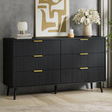 LYNSOM 6 Drawers Fluted Dresser for Bedroom, 55" Wide Modern Chest of Drawers with Metal Handle and Curved Profile Design, Dresser TV Stand, Wood Drawer Organizer for Living Room, Hallway, Black LYNSOM