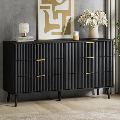 LYNSOM 6 Drawers Fluted Dresser for Bedroom, 55" Wide Modern Chest of Drawers with Metal Handle and Curved Profile Design, Dresser TV Stand, Wood Drawer Organizer for Living Room, Hallway, Black