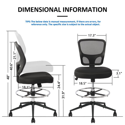 Armless Drafting Chair Tall Office Chair Adjustable Height High Back Ergonomic Desk Chair Drafting Stool Rolling Bar Stools Chairs with Footrest and Wheels