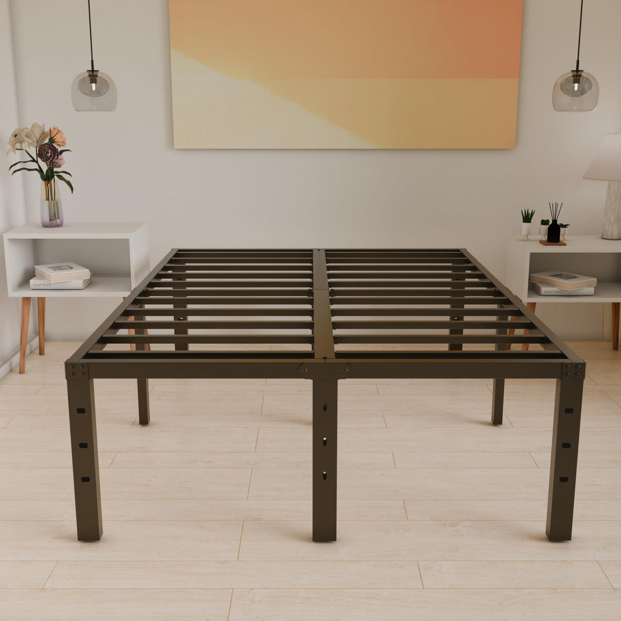 HOBINCHE 16 Inch King Size Bed Frame - No Box Spring Needed Heavy Duty Black Metal Platform Mattress Foundation, Non-Slip Noise Free Easy Assembly Steel Slats Bedframes with Cleance Storage HOBINCHE