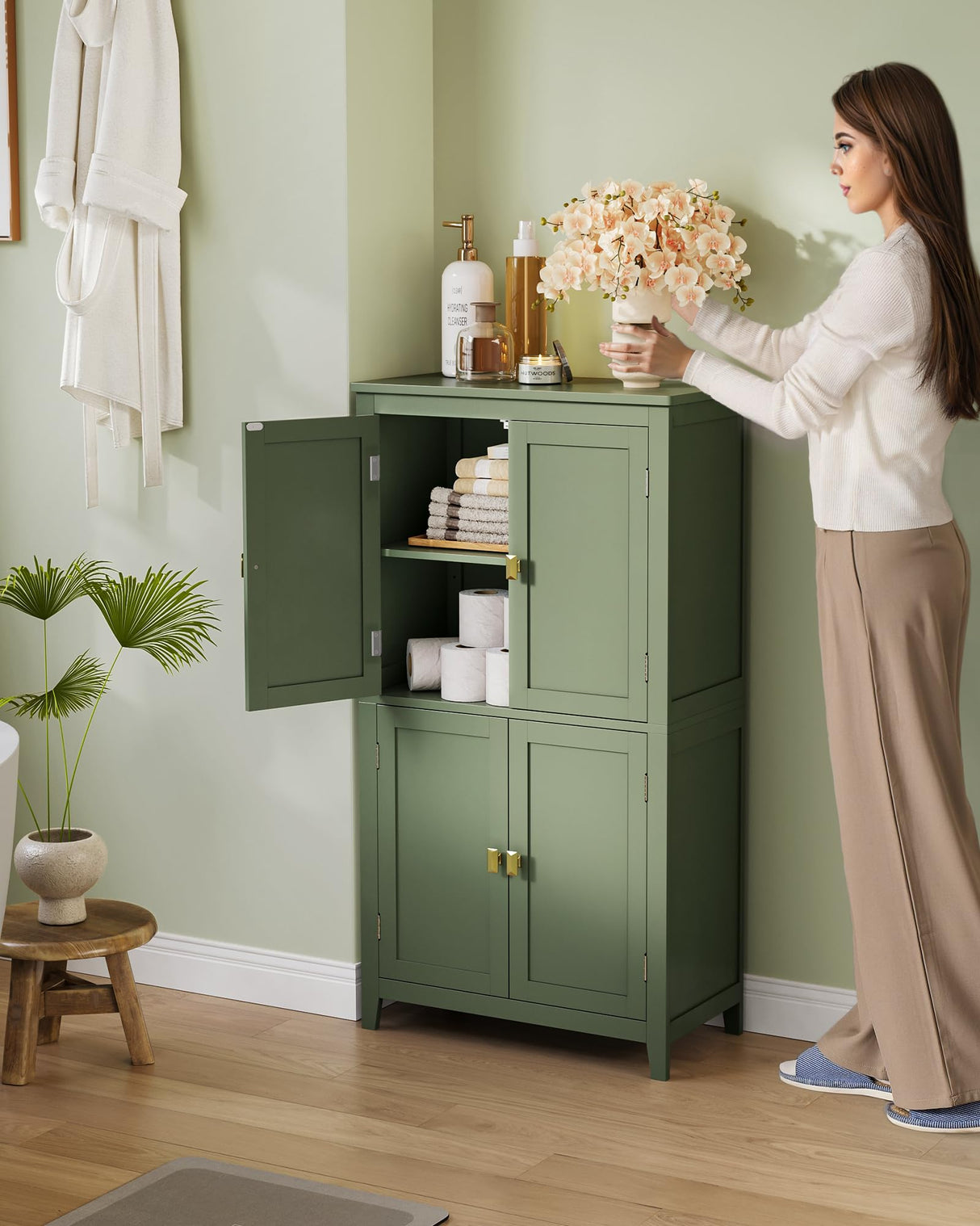 VASAGLE Floor Storage Cabinet, Freestanding Storage Unit with 4 Doors, Adjustable Shelves, 11.8 x 23.6 x 43.3 Inches, for Entryway, Bathroom, Forest Green UBBC552C01 VASAGLE