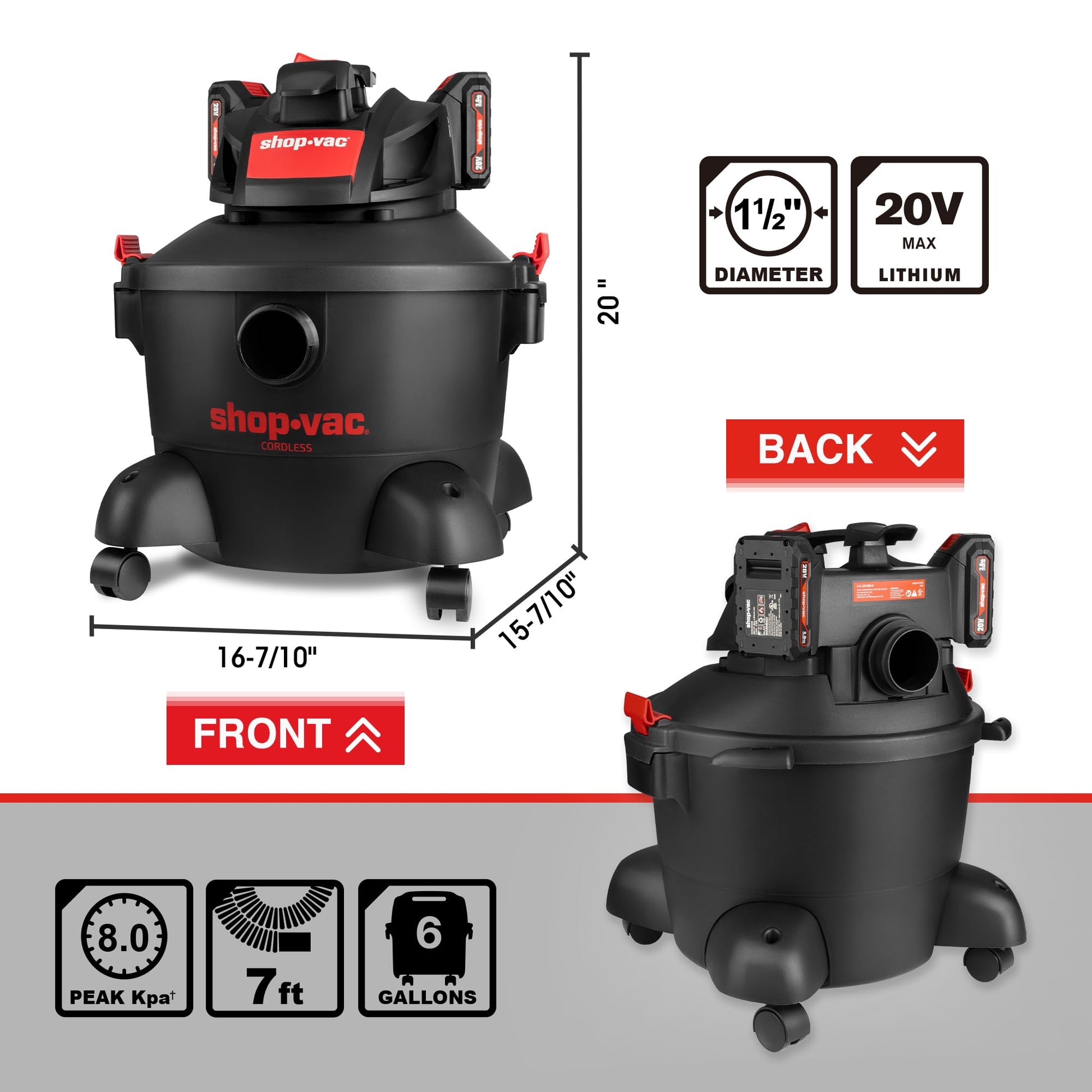 Shop-Vac 6 Gallon Wet Dry Vacuum Cleaner, 8.0 Peak Kpa Shop Vacuum with Blower Function, Cordless Vacuum Cleaner for Pet Hair, Jobsite, Garage, Home & Workshop - WoodArtSupply