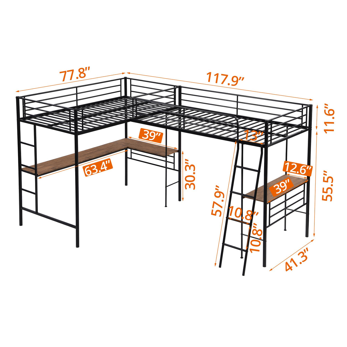 INCLAKE L-Shaped Twin Loft Bed with Dual Desks, Heavy-Duty Metal Frame, Safety Guard Rails, Black INCLAKE