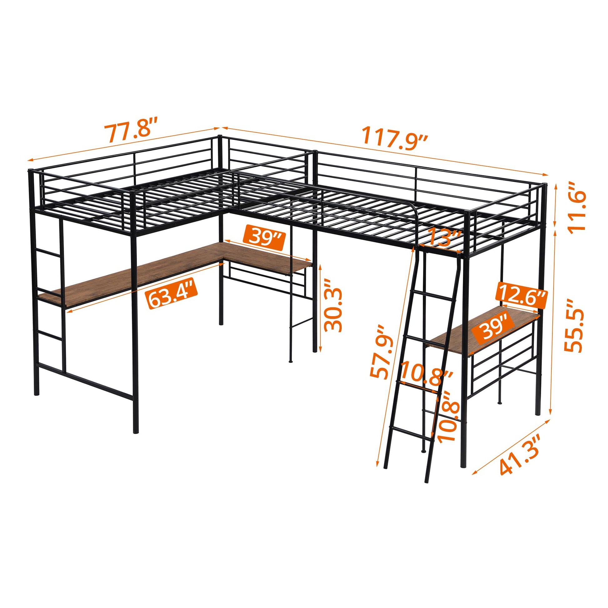 INCLAKE L-Shaped Twin Loft Bed with Dual Desks, Heavy-Duty Metal Frame, Safety Guard Rails, Black - WoodArtSupply