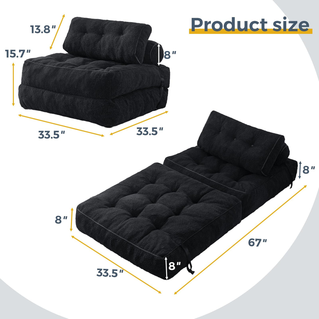 MAXYOYO Folding Sofa Bed, Convertible Sleeper Chair with Pillow Foldable Mattress with Back Support, Portable Fold Out Sofa Couch Fuzzy Fabric Comfy Floor Sofa Lounge for Living Room Apartment, Black MAXYOYO