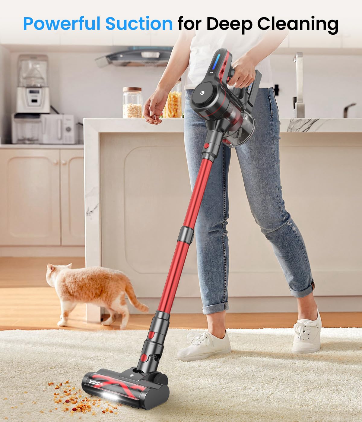 CHEBIO Cordless Vacuum Cleaner, Stick Vacuum with Powerful Suction, 45Mins Runtime Vacuum Cleaners for Home, Anti-tangle and 1.5L Dust Cup, 6 in 1 Lightweight Vacuum for Hardwood Floor Carpet Pet Hair CHEBIO