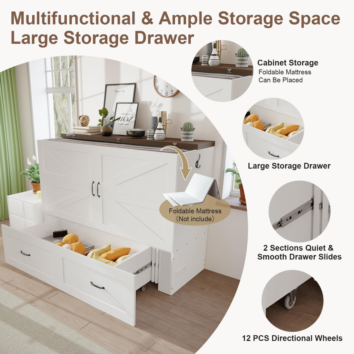 KCGKCG Murphy Bed with Storage & Charging Station, Queen Murphy Cabinet Bed with Large Storage Drawer for Guest Bedroom, Living Room, Office or Small Room, Full Foldable Platform Bed (White, Queen) KCGKCG