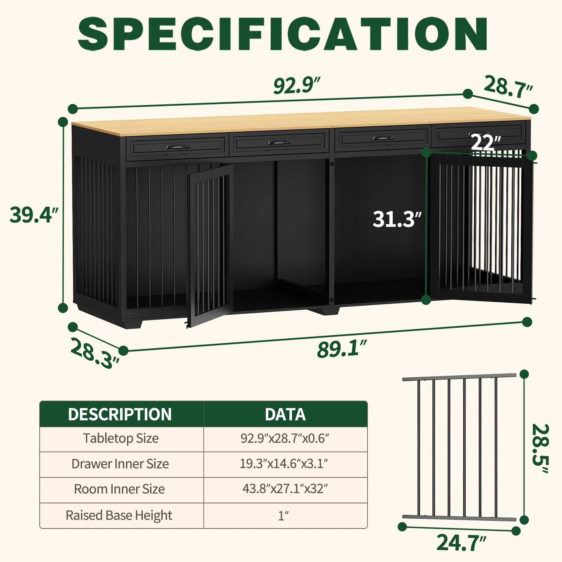 DAWNSPACES Extra Large Dog Crate Furniture, 93 Inch Heavy Duty Wooden Dog Kennel with Drawers & Removable Divider, Indoor Furniture Style Luxury Double Rooms Dog House for XL Large Dogs, Blac - WoodArtSupply